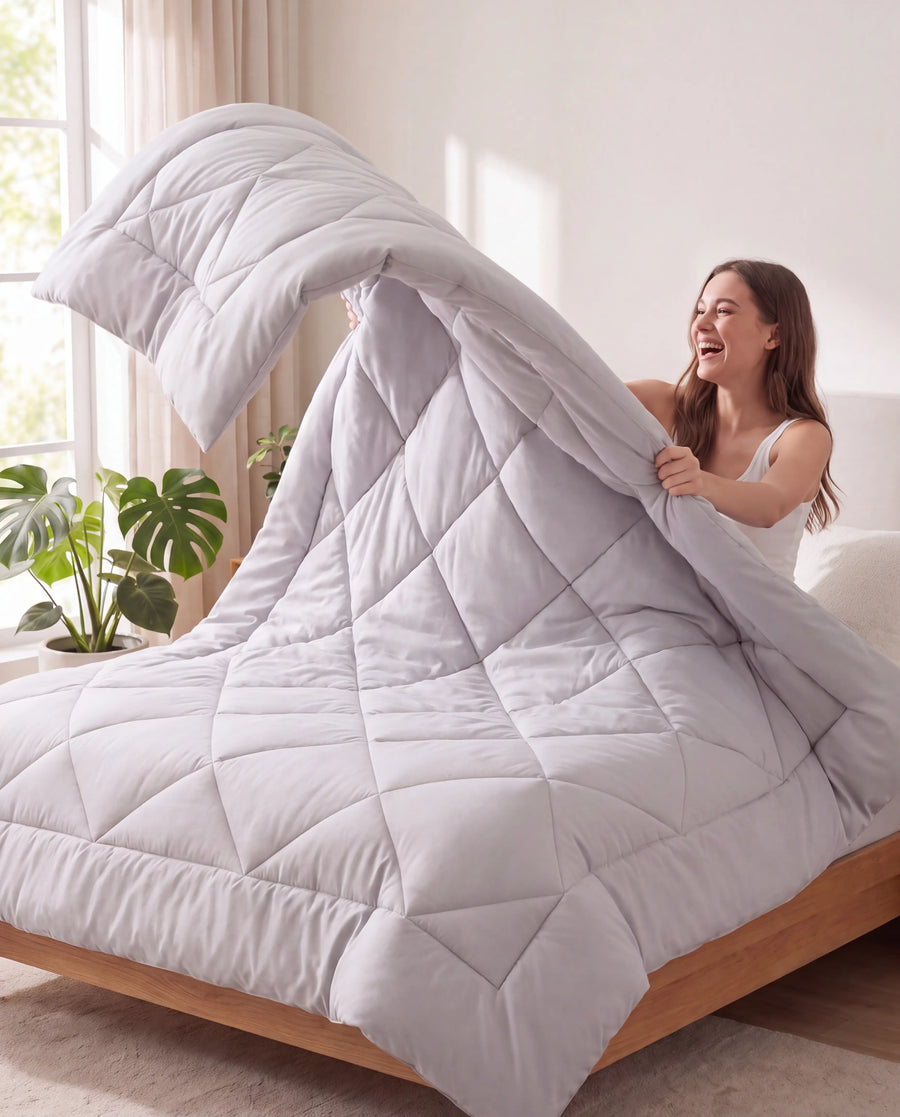 Femme qui fait son lit en secouant la couette 2-en-1 gris clair