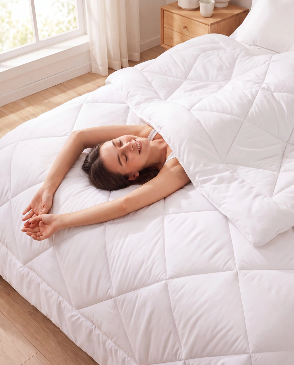 Femme allongée sur la couette 2-en-1 blanche